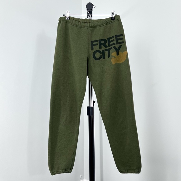 freecity Pants - freecity Olive Green Track Joggers with Black Logo and Mustard Accent